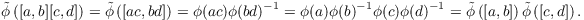 $$\tilde{\phi}\left([a, b] [c, d]\right) = \tilde{\phi}\left([a c, b d]\right) = \phi(a c) \phi(b d)^{-1} = \phi(a) \phi(b)^{-1} \phi(c) \phi(d)^{-1} = \tilde{\phi}\left([a, b]\right)\tilde{\phi}\left([c, d]\right).$$