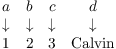 $$\matrix{ a & b & c & d \cr \downarrow & \downarrow & \downarrow & \downarrow \cr 1 & 2 & 3 & \hbox{Calvin} \cr}$$