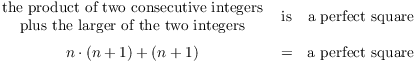 $$\matrix{\matrix{\hbox{the product of two consecutive integers} \cr \hbox{plus the larger of the two integers} \cr} & \hbox{is} & \hbox{a perfect square} \cr & & \cr n\cdot (n + 1) + (n + 1) & = & \hbox{a perfect square} \cr}$$