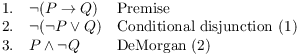 $$\matrix{ 1. \hfill & \lnot (P \ifthen Q) \hfill & \hbox{Premise} \hfill \cr 2. \hfill & \lnot (\lnot P \lor Q) \hfill & \hbox{Conditional disjunction (1)} \hfill \cr 3. \hfill & P \land \lnot Q \hfill & \hbox{DeMorgan (2)} \hfill \cr}$$