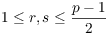 $1 \le r, s \le \dfrac{p -
   1}{2}$