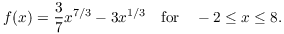 $$f(x) = \dfrac{3}{7}x^{7/3} - 3 x^{1/3} \quad\hbox{for}\quad -2 \le x \le 8.$$