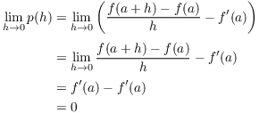 $$\eqalign{ \lim_{h \to 0} p(h) & = \lim_{h \to 0} \left(\dfrac{f(a + h) - f(a)}{h} - f'(a)\right) \cr \noalign{\vskip2pt} & = \lim_{h \to 0}\dfrac{f(a + h) - f(a)}{h} - f'(a) \cr \noalign{\vskip2pt} & = f'(a) - f'(a) \cr & = 0 \cr}$$