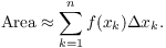 $$\hbox{Area} \approx \sum_{k=1}^n f(x_k) \Delta x_k.$$