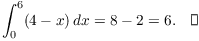 $$\int_0^6 (4 - x)\,dx = 8 - 2 = 6.\quad\halmos$$