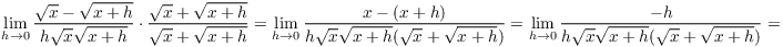 $$\lim_{h \to 0} \dfrac{\sqrt{x} - \sqrt{x + h}} {h\sqrt{x}\sqrt{x + h}}\cdot \dfrac{\sqrt{x} + \sqrt{x + h}}{\sqrt{x} + \sqrt{x + h}} = \lim_{h \to 0} \dfrac{x - (x + h)} {h\sqrt{x}\sqrt{x + h}(\sqrt{x} + \sqrt{x + h})} = \lim_{h \to 0} \dfrac{-h} {h\sqrt{x}\sqrt{x + h}(\sqrt{x} + \sqrt{x + h})} =$$