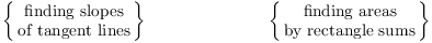 $$\left\{\matrix{\hbox{finding slopes} \cr \hbox{of tangent lines} \cr}\right\} \hskip1 in \left\{\matrix{\hbox{finding areas} \cr \hbox{by rectangle sums} \cr}\right\}$$