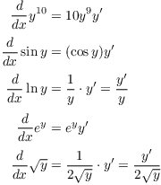 $$\eqalign{ \der {} x y^{10} & = 10 y^9 y' \cr \noalign{\vskip2pt} \der {} x \sin y & = (\cos y) y' \cr \noalign{\vskip2pt} \der {} x \ln y & = \dfrac{1}{y} \cdot y' = \dfrac{y'}{y} \cr \noalign{\vskip2pt} \der {} x e^y & = e^y y' \cr \noalign{\vskip2pt} \der {} x \sqrt{y} & = \dfrac{1}{2 \sqrt{y}} \cdot y' = \dfrac{y'}{2 \sqrt{y}} \cr}$$