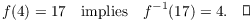 $$f(4) = 17 \quad\hbox{implies}\quad f^{-1}(17) = 4.\quad\halmos$$