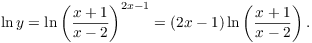 $$\ln y = \ln \left(\dfrac{x + 1}{x - 2}\right)^{2 x - 1} = (2 x - 1) \ln \left(\dfrac{x + 1}{x - 2}\right).$$