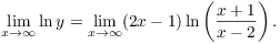 $$\lim_{x \to \infty} \ln y = \lim_{x \to \infty} (2 x - 1) \ln \left(\dfrac{x + 1}{x - 2}\right).$$