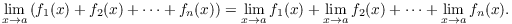 $$\lim_{x \to a} \left(f_1(x) + f_2(x) + \cdots + f_n(x)\right) = \lim_{x \to a} f_1(x) + \lim_{x \to a} f_2(x) + \cdots + \lim_{x \to a} f_n(x).$$