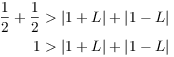 $$\eqalign{ \dfrac{1}{2} + \dfrac{1}{2} & > |1 + L| + |1 - L| \cr 1 & > |1 + L| + |1 - L| \cr}$$