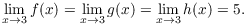 $$\lim_{x \to 3} f(x) = \lim_{x \to 3} g(x) = \lim_{x \to 3} h(x) = 5.$$