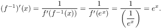 $$(f^{-1})'(x) = \dfrac{1}{f'(f^{-1}(x))} = \dfrac{1}{f'(e^x)} = \dfrac{1}{\left(\dfrac{1}{e^x}\right)} = e^x.$$