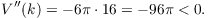 $$V''(k) = -6 \pi \cdot 16 = -96 \pi < 0.$$