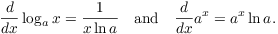 $$\der {} x \log_a x = \dfrac{1}{x \ln a} \quad\hbox{and}\quad \der {} x a^x = a^x \ln a.$$