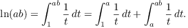 $$\ln (a b) = \int_1^{a b} \dfrac{1}{t}\,dt = \int_1^a \dfrac{1}{t}\,dt + \int_a^{a b} \dfrac{1}{t}\,dt.$$