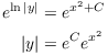 $$\eqalign{ e^{\ln |y|} & = e^{x^2+C} \cr |y| & = e^C e^{x^2} \cr}$$