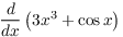 $\displaystyle \der {} x
   \left(3 x^3 + \cos x\right)$