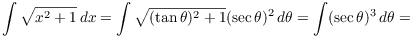 $$\int \sqrt{x^2 + 1}\,dx = \int \sqrt{(\tan \theta)^2 + 1}(\sec \theta)^2\,d\theta = \int (\sec \theta)^3\,d\theta =$$