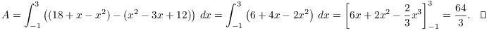 $$A = \int_{-1}^3 \left((18 + x - x^2) - (x^2 - 3x + 12)\right)\,dx = \int_{-1}^3 \left(6 + 4x - 2x^2\right)\,dx = \left[6x + 2x^2 - \dfrac{2}{3}x^3\right]_{-1}^3 = \dfrac{64}{3}.\quad\halmos$$