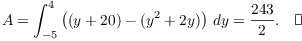 $$A = \int_{-5}^4 \left((y + 20) - (y^2 + 2y)\right)\,dy = \dfrac{243}{2}.\quad\halmos$$