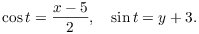 $$\cos t = \dfrac{x - 5}{2}, \quad \sin t = y + 3.$$