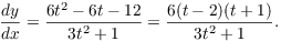 $$\der y x = \dfrac{6 t^2 - 6 t - 12}{3 t^2 + 1} = \dfrac{6(t - 2)(t + 1)}{3 t^2 + 1}.$$