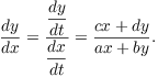 $$\der y x = \dfrac{\der y t}{\der x t} = \dfrac{cx + dy}{ax + by}.$$