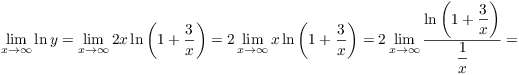 $$\lim_{x \to \infty} \ln y = \lim_{x \to \infty} 2 x \ln \left(1 + \dfrac{3}{x}\right) = 2 \lim_{x \to \infty} x \ln \left(1 + \dfrac{3}{x}\right) = 2 \lim_{x \to \infty} \dfrac{\ln \left(1 + \dfrac{3}{x}\right)}{\dfrac{1}{x}} =$$