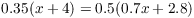 $0.35(x + 4) = 0.5(0.7 x +
   2.8)$