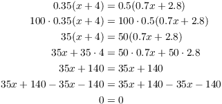 $$\eqalign{ 0.35 (x + 4) & = 0.5 (0.7 x + 2.8) \cr 100 \cdot 0.35 (x + 4) & = 100 \cdot 0.5 (0.7 x + 2.8) \cr 35 (x + 4) & = 50 (0.7 x + 2.8) \cr 35 x + 35 \cdot 4 & = 50 \cdot 0.7 x + 50 \cdot 2.8 \cr 35 x + 140 & = 35 x + 140 \cr 35 x + 140 - 35 x - 140 & = 35 x + 140 - 35 x - 140 \cr 0 & = 0 \cr}$$