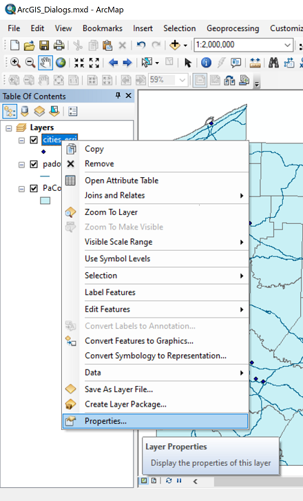 ArcMap layer menu