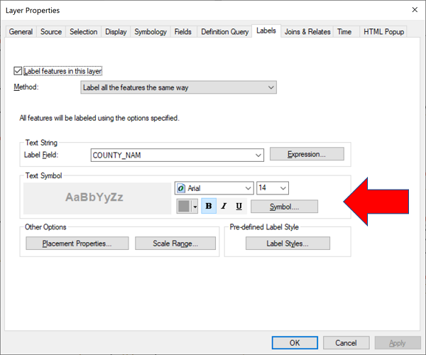 Labels dialog box for counties layer