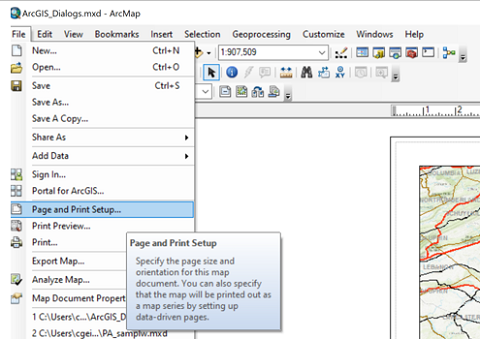 ArcMap menus to find Page and Print setup