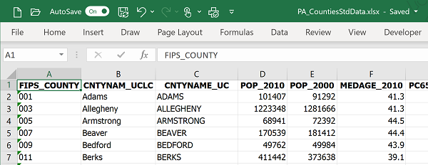 Excel data table