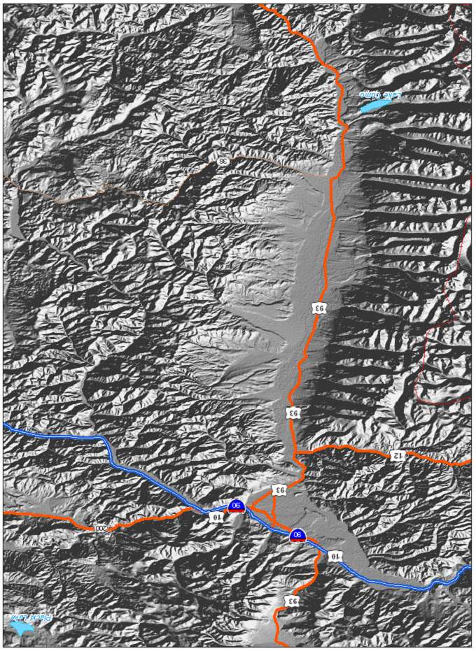 Hill shaded map rotated 180 degrees