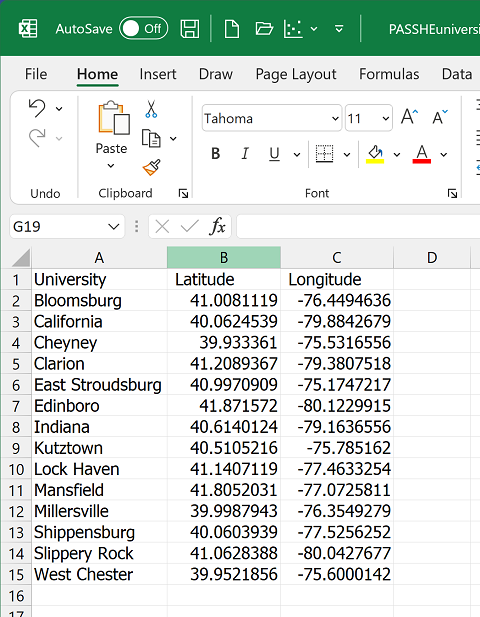 CSV data table in Excel