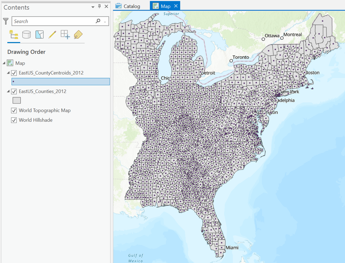 Northeastern US county centroids map