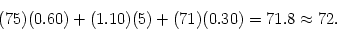 \begin{displaymath}
(75)(0.60) + (1.10)(5) + (71)(0.30) = 71.8 \approx 72 .
\end{displaymath}