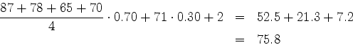 \begin{eqnarray*}
\frac{87 + 78 + 65 + 70}{4} \cdot 0.70 + 71 \cdot 0.30 + 2
& = &
52.5 + 21.3 + 7.2 \\
& = &
75.8
\end{eqnarray*}