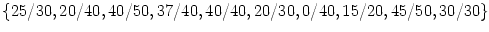 $\{ 25/30, 20/40, 40/50, 37/40, 40/40, 20/30, 0/40, 15/20, 45/50, 30/30 \}$